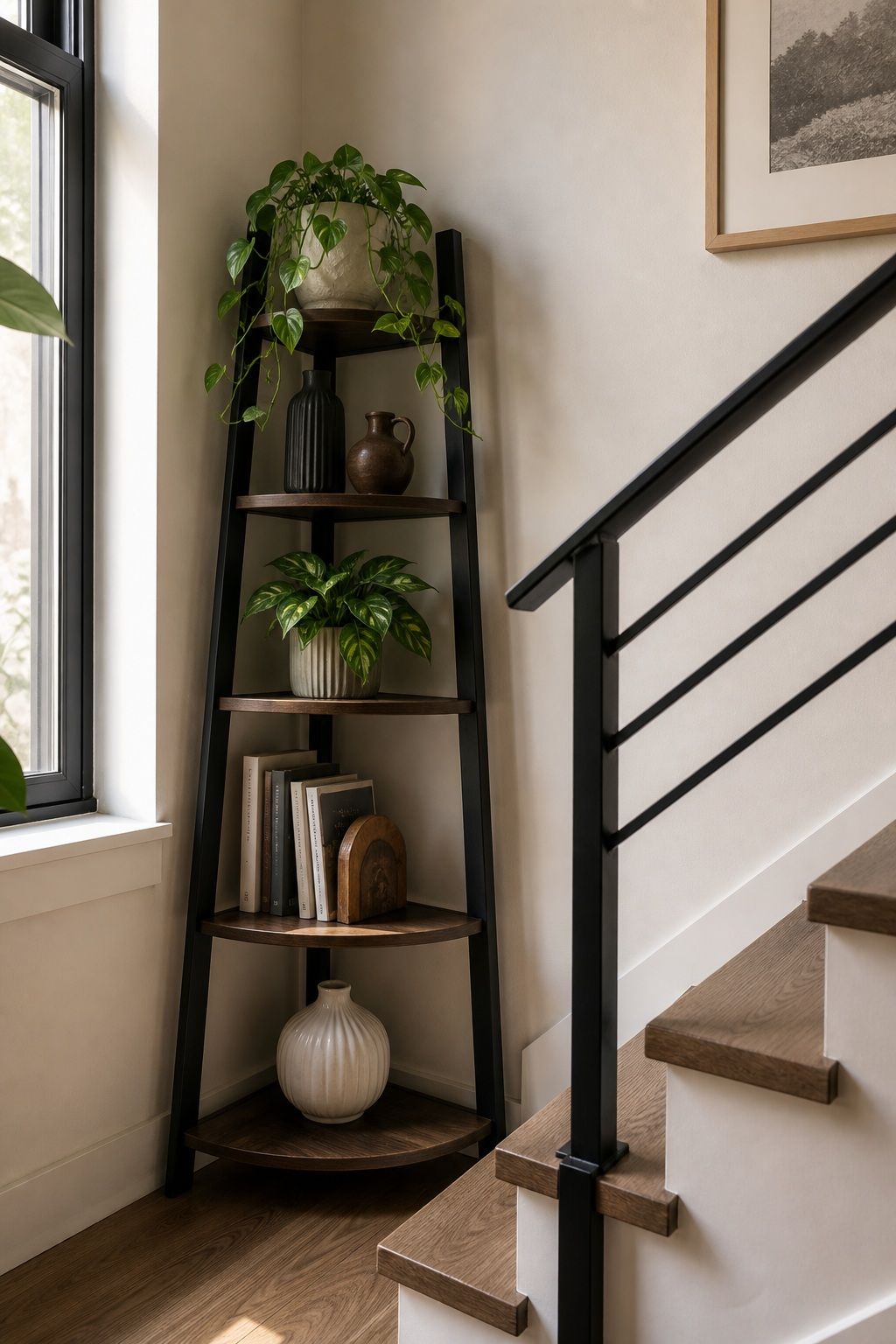Use a Tall Plant Stand or Ladder Shelf small apartment idea for Top 16 Stair Corner Decor Ideas for Small Apartments.