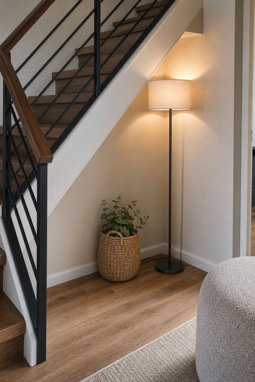 Add a Floor Lamp to the Triangle small apartment idea for Top 16 Stair Corner Decor Ideas for Small Apartments.