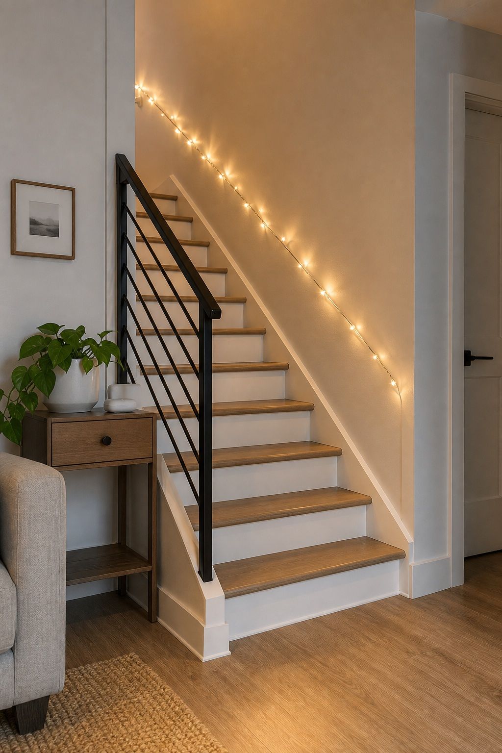 Add String or Accent Lighting Up the Stairs small apartment idea for Top 16 Stair Corner Decor Ideas for Small Apartments.