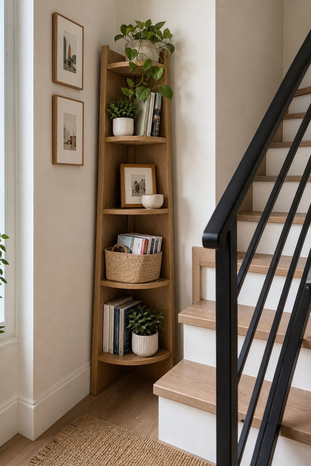Use a Corner Shelf or Bookcase small apartment idea for Top 16 Stair Corner Decor Ideas for Small Apartments.