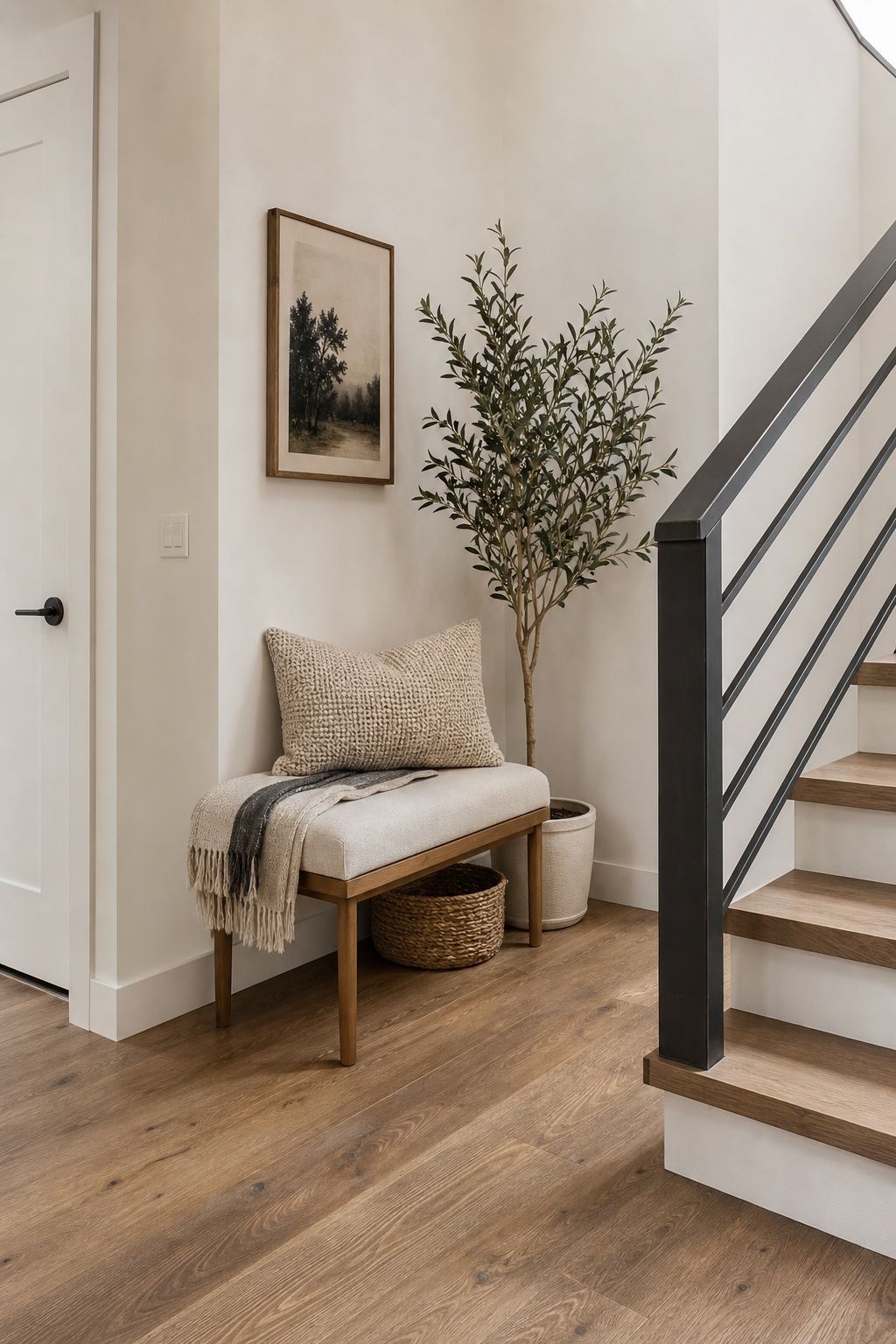 Add a Small Bench or Seat to the Landing Corner small apartment idea for Top 16 Stair Corner Decor Ideas for Small Apartments.