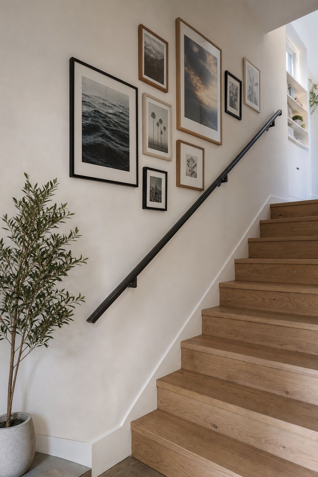 Hang a Gallery Wall That Follows the Stairs small apartment idea for Top 16 Stair Corner Decor Ideas for Small Apartments.