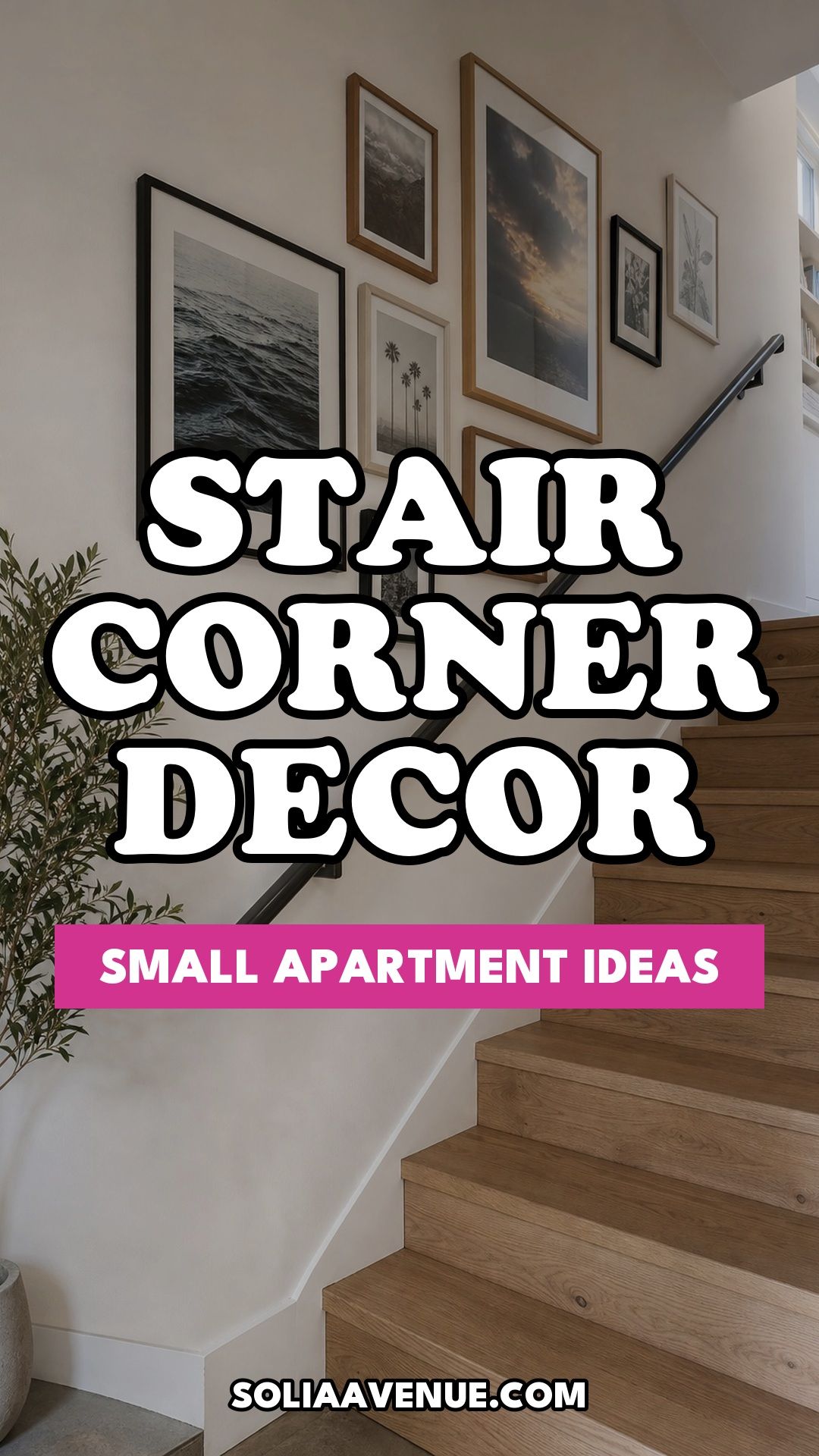 Pinterest pin for Top 16 Stair Corner Decor Ideas for Small Apartments from Solia Avenue.