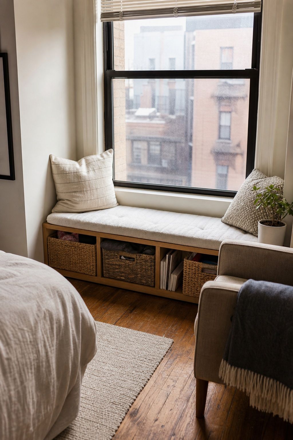 Add a Window Bench or Seat small apartment idea for Top 17 Window Corner Decor Ideas for Small Apartments.