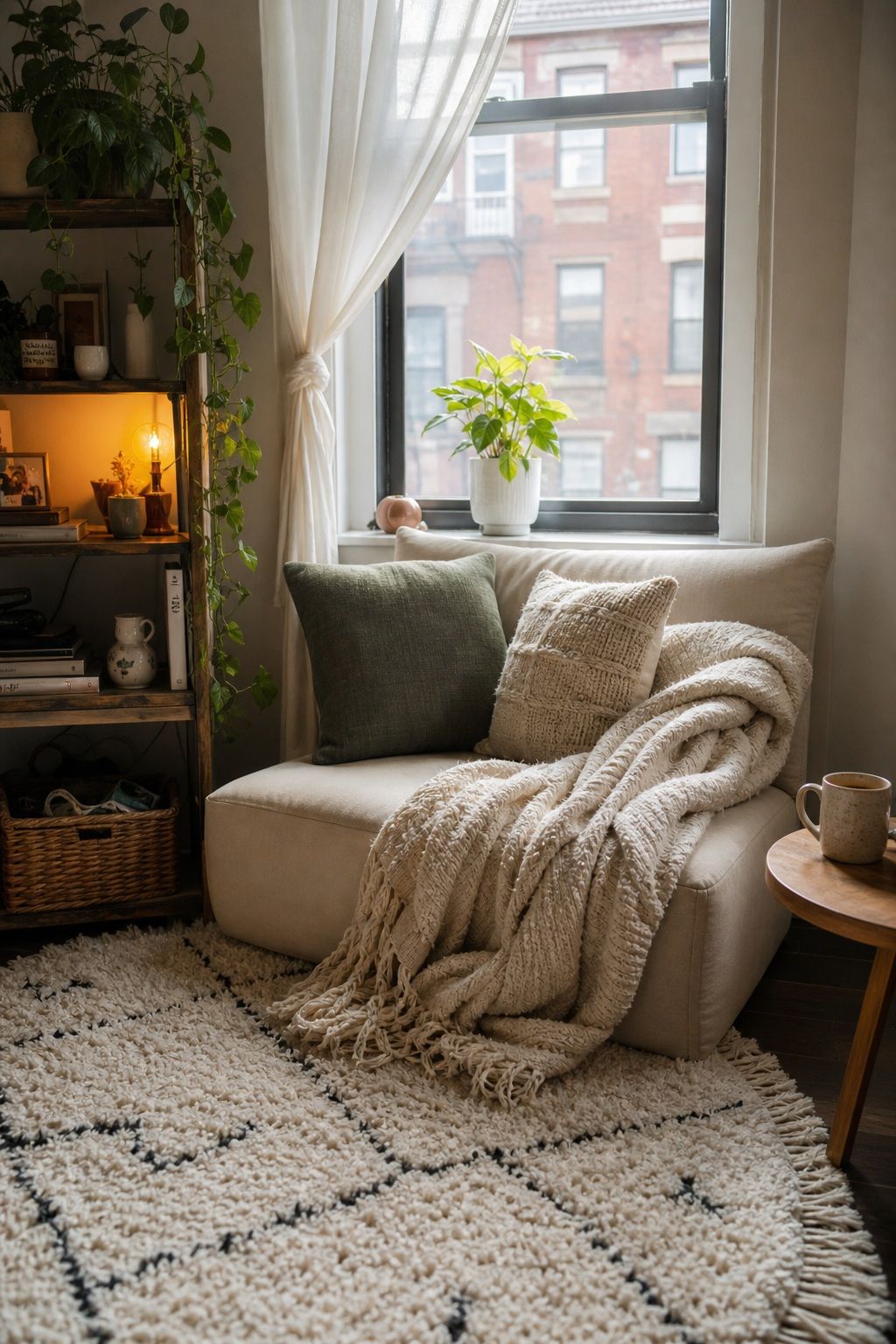 Create a Cozy Layered Seating Corner small apartment idea for Top 17 Window Corner Decor Ideas for Small Apartments.