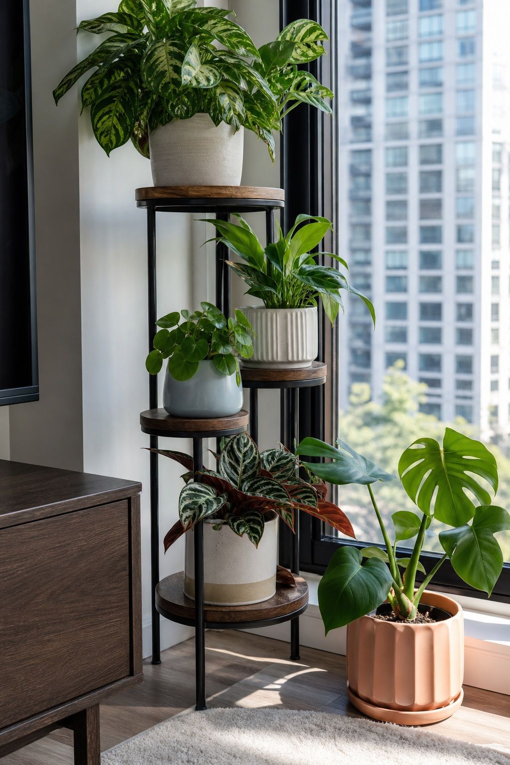 Style a Plant Stand or Tiered Display small apartment idea for Top 17 Window Corner Decor Ideas for Small Apartments.