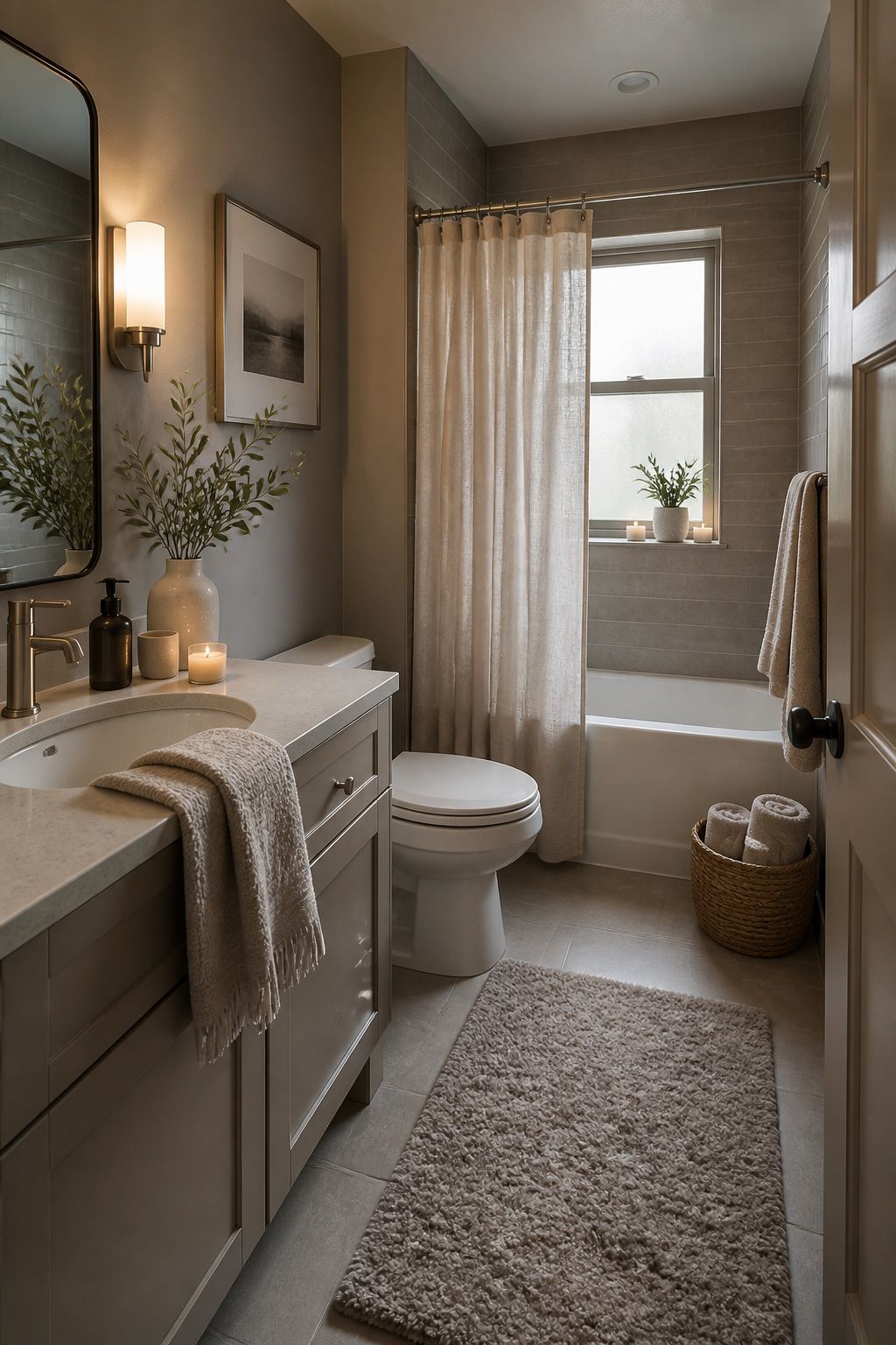 Go Soft Gray-Beige for a Home-Spa Scheme small apartment idea for Top 18 Winter Bathroom Decor Ideas for Small Apartments.