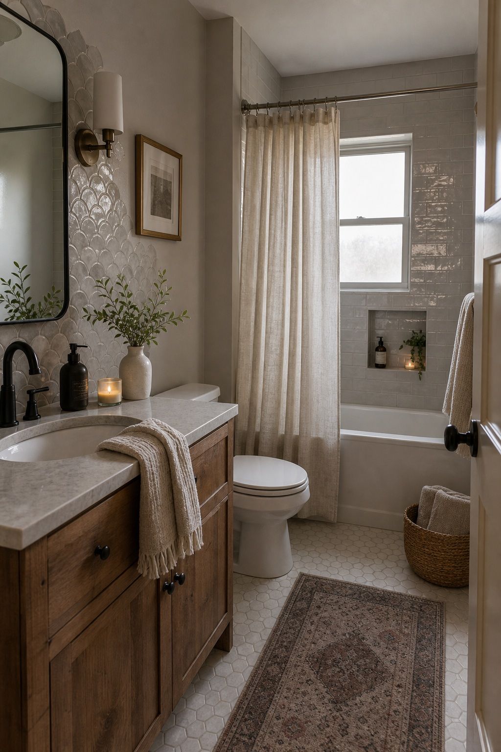 Layer in Textured Tile Accents small apartment idea for Top 18 Winter Bathroom Decor Ideas for Small Apartments.