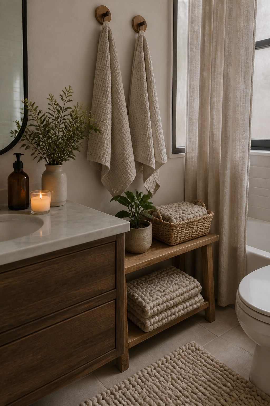Add a Chunky Knit or Waffle Texture Layer small apartment idea for Top 18 Winter Bathroom Decor Ideas for Small Apartments.