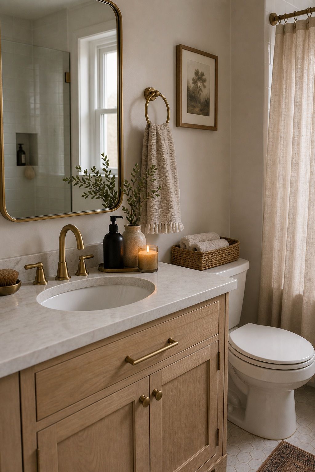 Bring in Unlacquered Brass Fixtures or Accents small apartment idea for Top 18 Winter Bathroom Decor Ideas for Small Apartments.