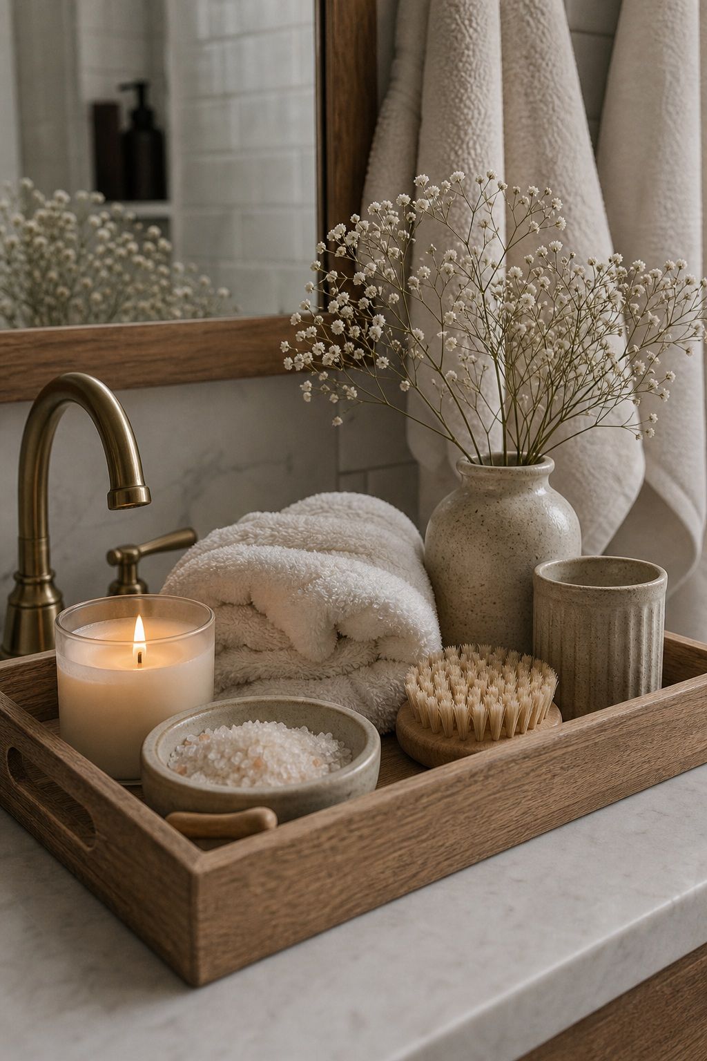 Style a Wood Tray With Winter Textures small apartment idea for Top 18 Winter Bathroom Decor Ideas for Small Apartments.
