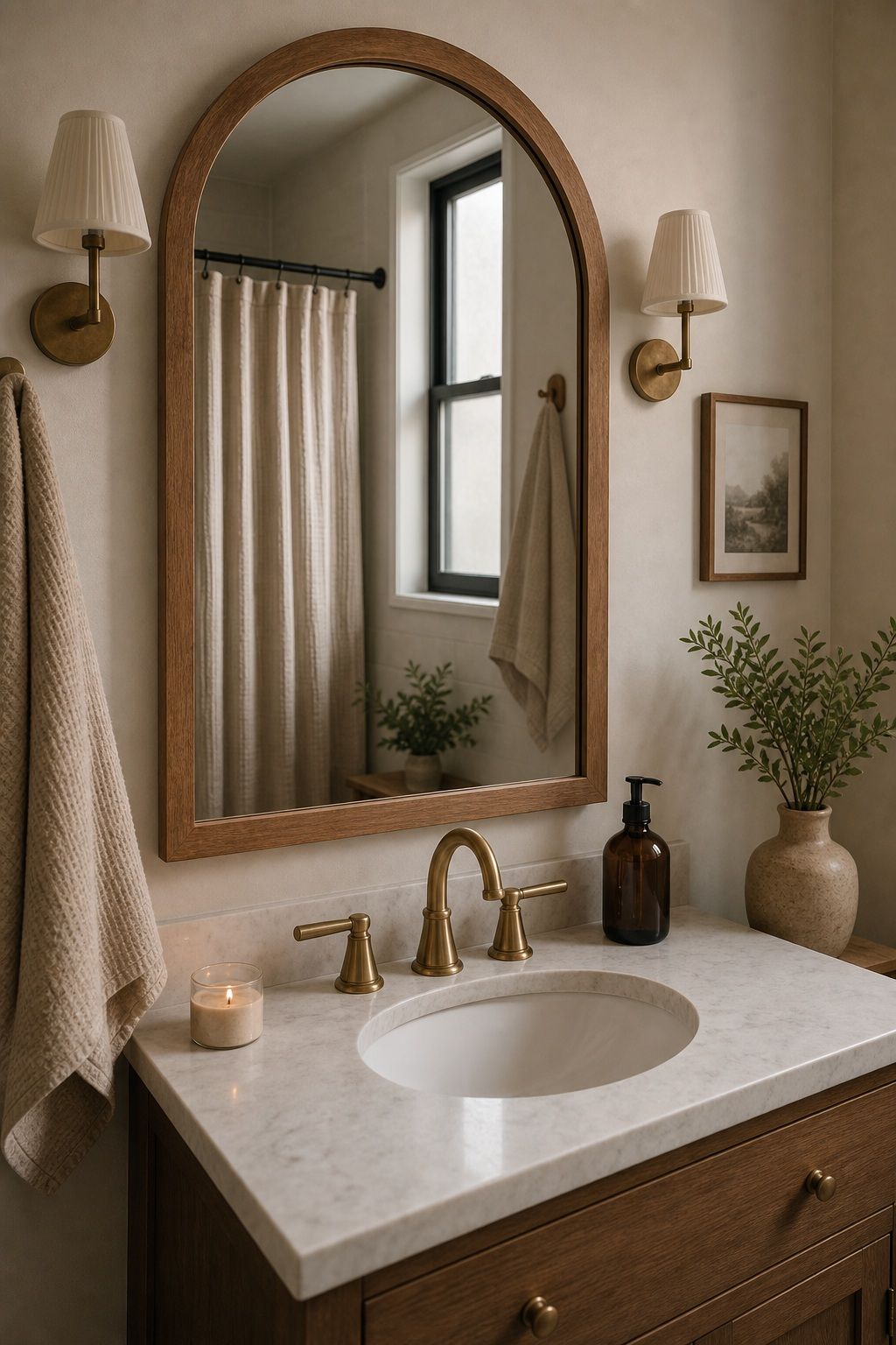 Add a Wood-Framed or Arched Mirror small apartment idea for Top 18 Winter Bathroom Decor Ideas for Small Apartments.