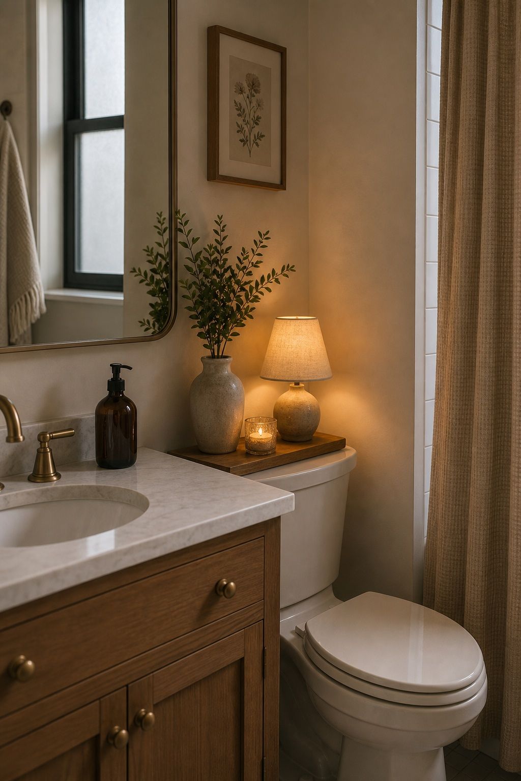Add a Small Warm-Toned Table Lamp small apartment idea for Top 18 Winter Bathroom Decor Ideas for Small Apartments.