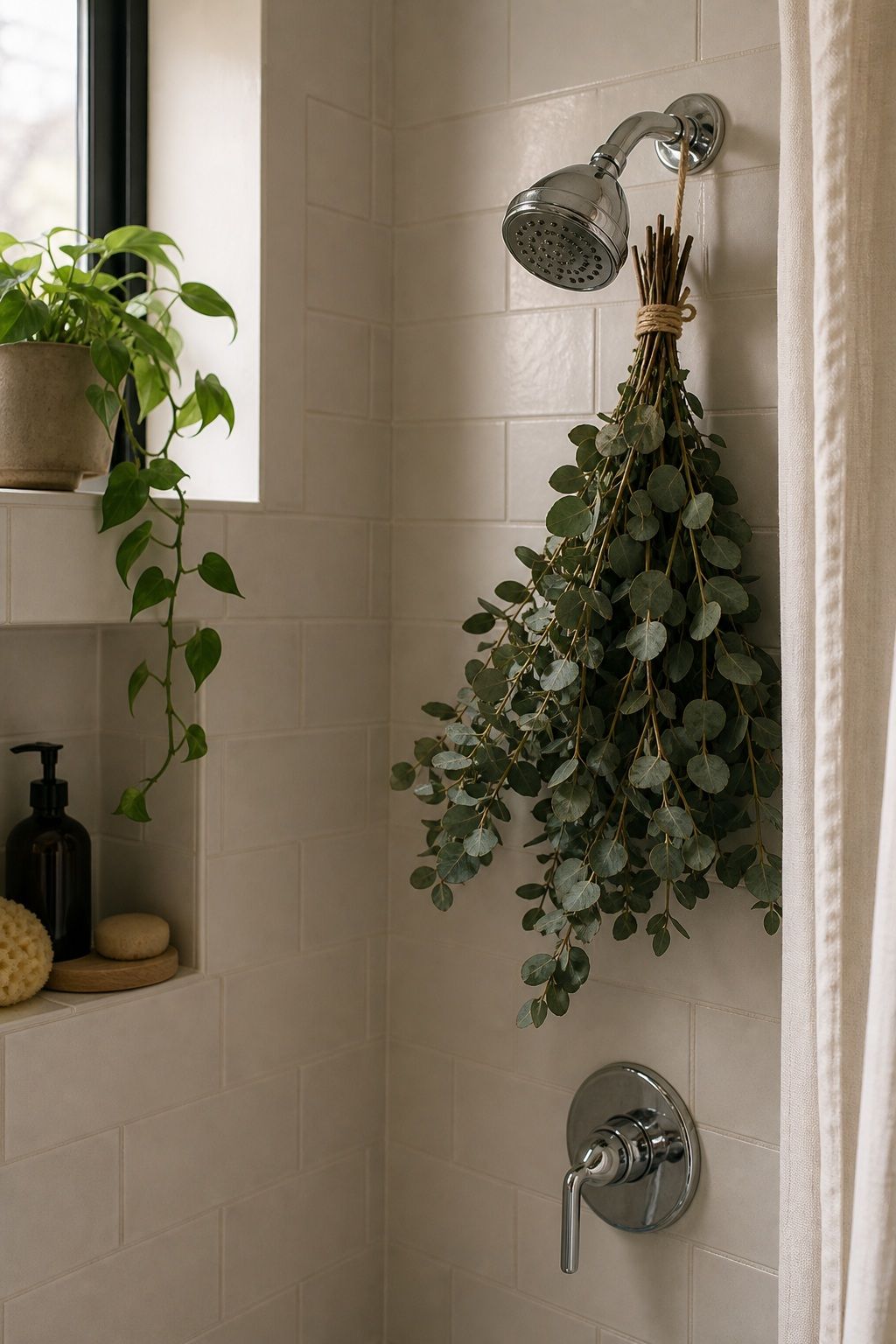 Hang a Eucalyptus Bundle in the Shower small apartment idea for Top 18 Winter Bathroom Decor Ideas for Small Apartments.