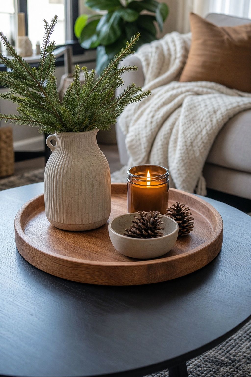 Start With a Wooden Tray for Warmth small apartment idea for Top 16 Winter Coffee Table Decor Ideas for Small Spaces.