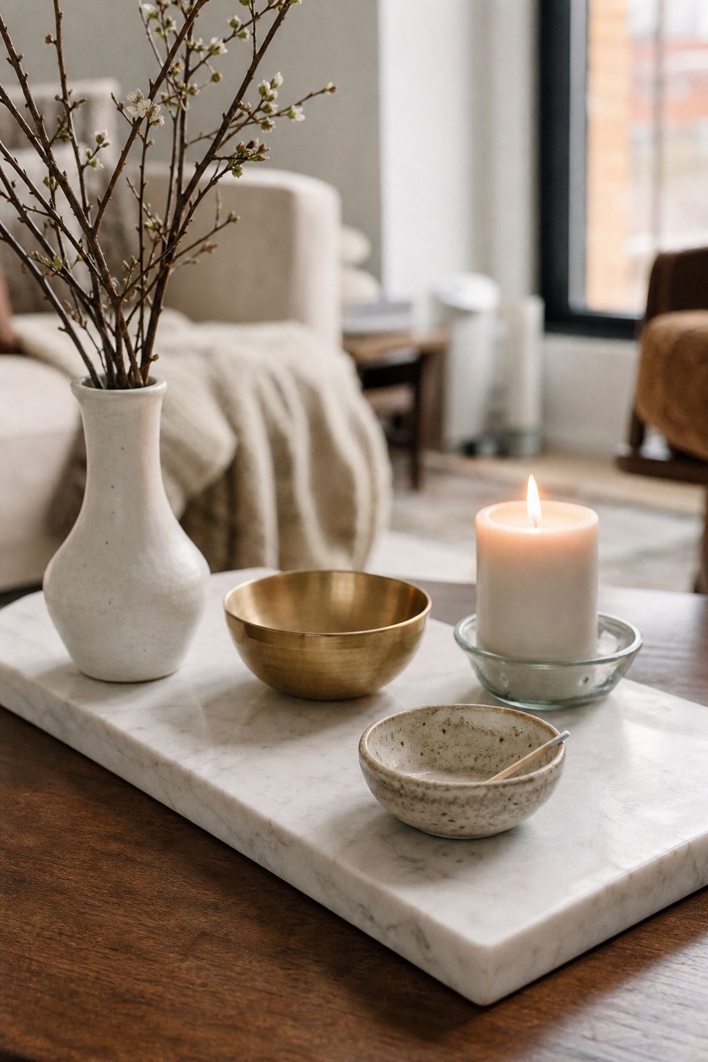 Pick a Marble or Stone Tray for Contrast small apartment idea for Top 16 Winter Coffee Table Decor Ideas for Small Spaces.