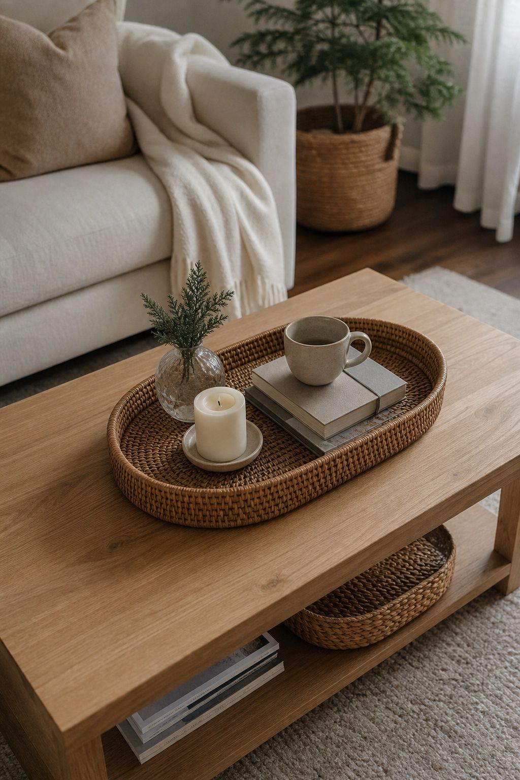 Scale the Tray to the Table small apartment idea for Top 16 Winter Coffee Table Decor Ideas for Small Spaces.