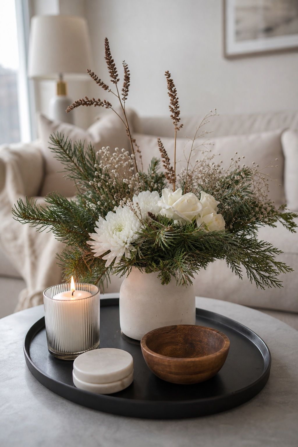 Add a Small Winter Floral Arrangement small apartment idea for Top 16 Winter Coffee Table Decor Ideas for Small Spaces.