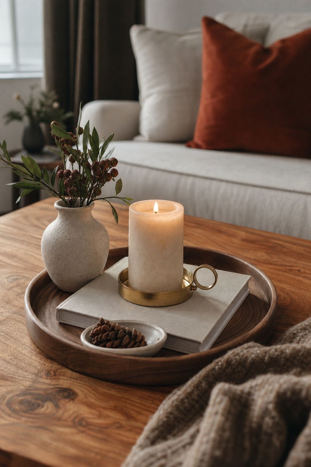 Keep the Palette Tight and Warm small apartment idea for Top 16 Winter Coffee Table Decor Ideas for Small Spaces.