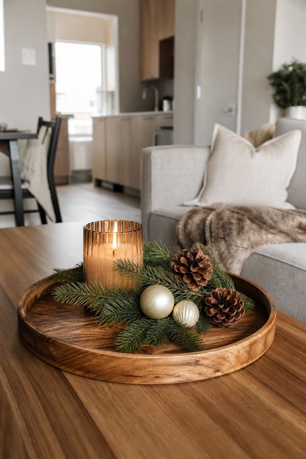 Build a Holiday Version of the Tray small apartment idea for Top 16 Winter Coffee Table Decor Ideas for Small Spaces.