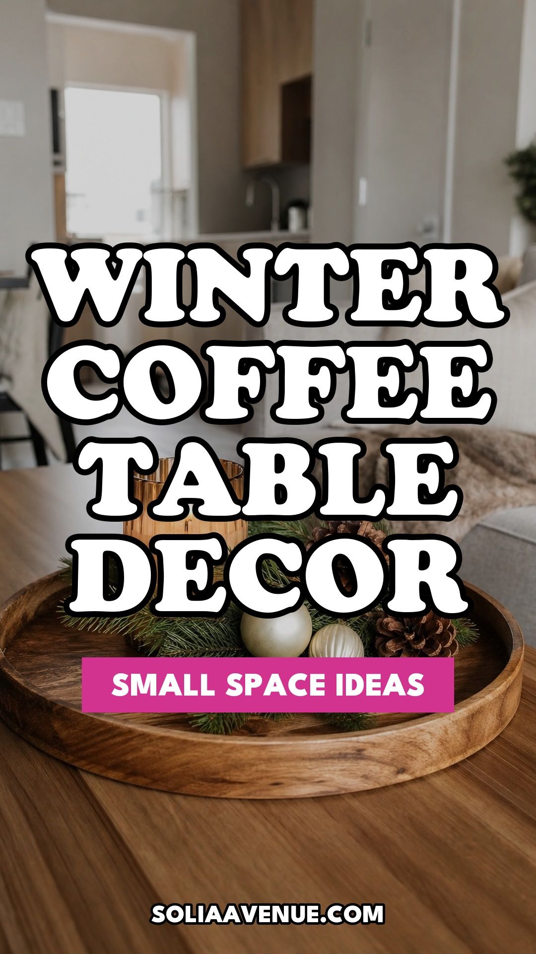 Pinterest pin for Top 16 Winter Coffee Table Decor Ideas for Small Spaces from Solia Avenue.