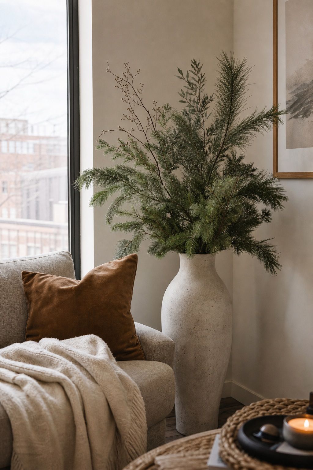 Add Evergreen Stems in a Floor Vase small apartment idea for Top 18 Winter Decor Ideas for the Home in Small Apartments.