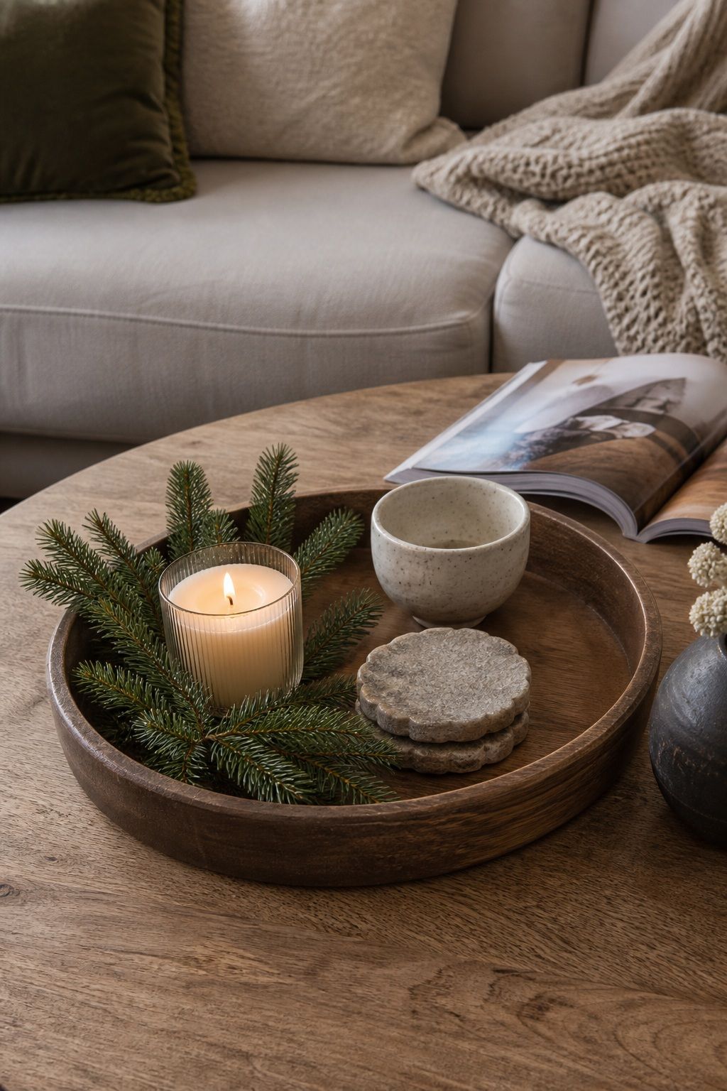 Style the Coffee Table With a Winter Tray small apartment idea for Top 18 Winter Decor Ideas for the Home in Small Apartments.
