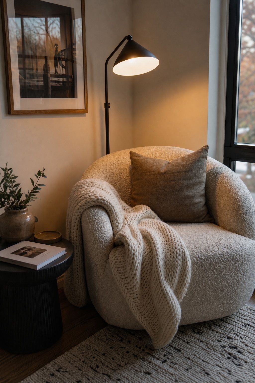 Set Up a Reading Nook With a Floor Lamp and Throw small apartment idea for Top 18 Winter Decor Ideas for the Home in Small Apartments.