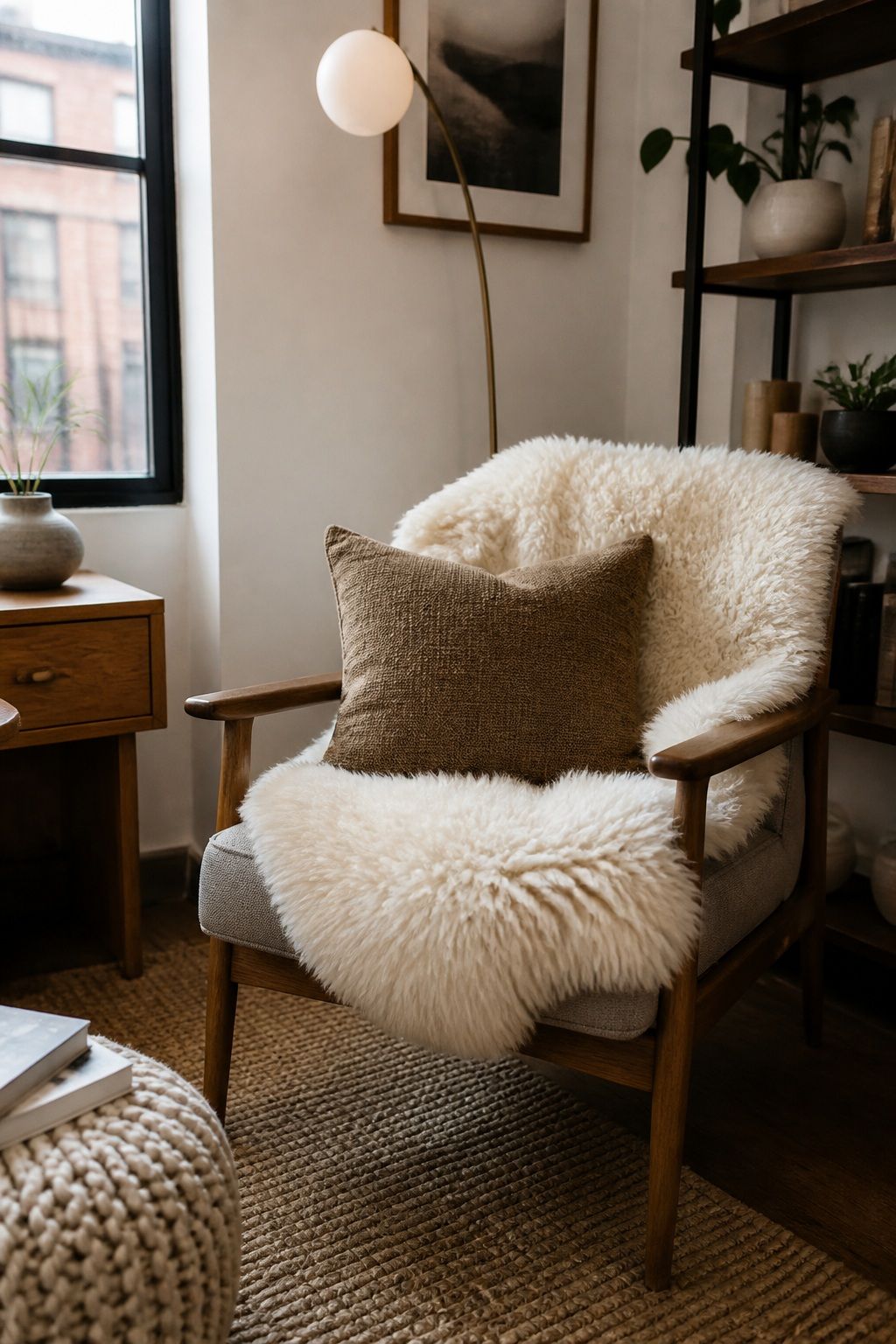 Add a Sheepskin or Faux Fur Layer to a Chair small apartment idea for Top 18 Winter Decor Ideas for the Home in Small Apartments.