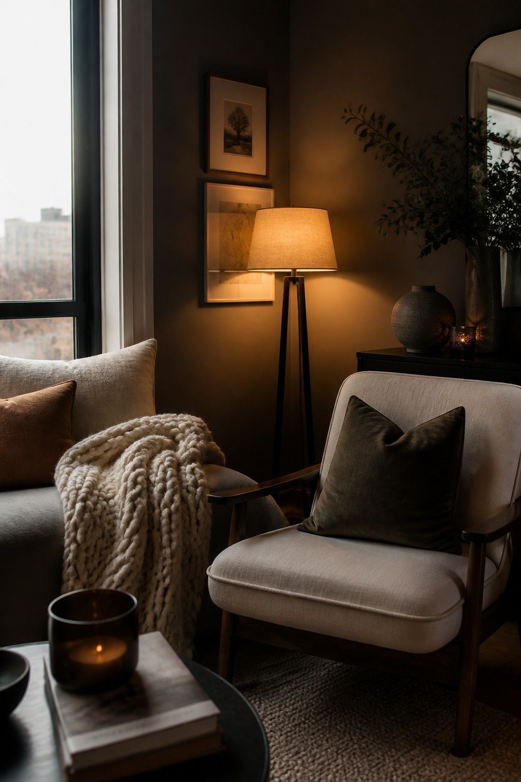 Add a Warm-Toned Lamp to a Dark Corner small apartment idea for Top 18 Winter Decor Ideas for the Home in Small Apartments.
