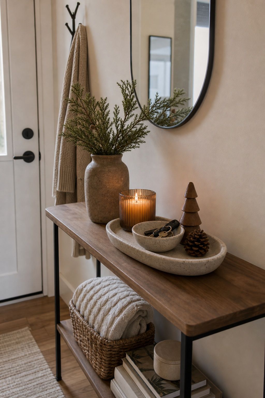 Style the Entry Console With a Winter Vignette small apartment idea for Top 18 Winter Decor Ideas for the Home in Small Apartments.