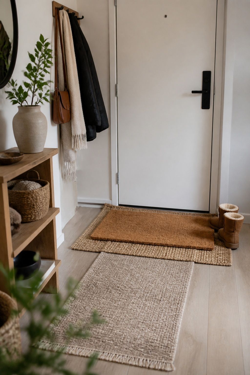 Add a Layered Winter Doormat and Runner small apartment idea for Top 18 Winter Decor Ideas for the Home in Small Apartments.