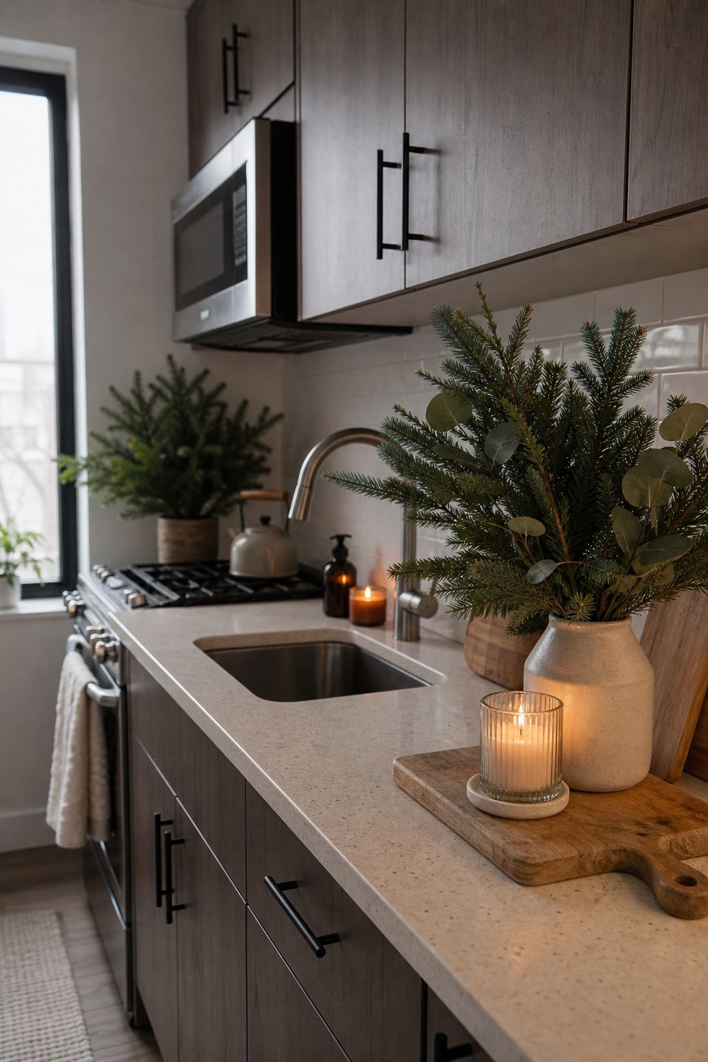 Bring Greenery and Candles to the Kitchen Counter small apartment idea for Top 18 Winter Decor Ideas for the Home in Small Apartments.