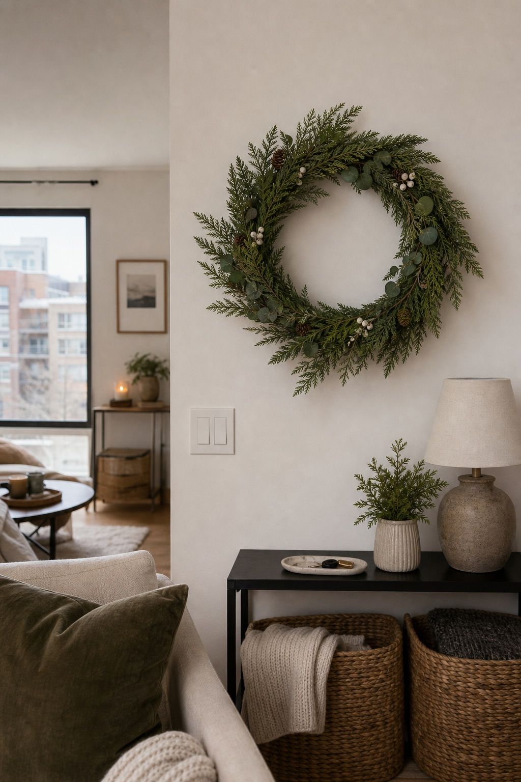 Hang a Winter Wreath or Greenery on an Interior Wall small apartment idea for Top 18 Winter Decor Ideas for the Home in Small Apartments.