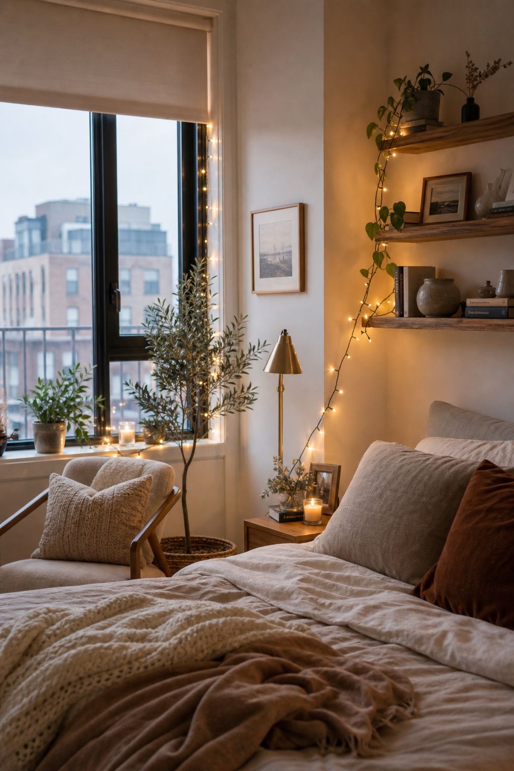 String Warm Fairy Lights in Key Spots small apartment idea for Top 18 Winter Decor Ideas for the Home in Small Apartments.