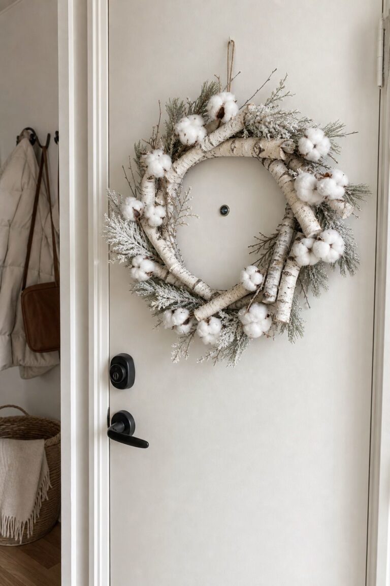 Hang an All-White Birch and Cotton Wreath small apartment idea for Top 18 Winter Farmhouse Decor Ideas for Small Apartments.
