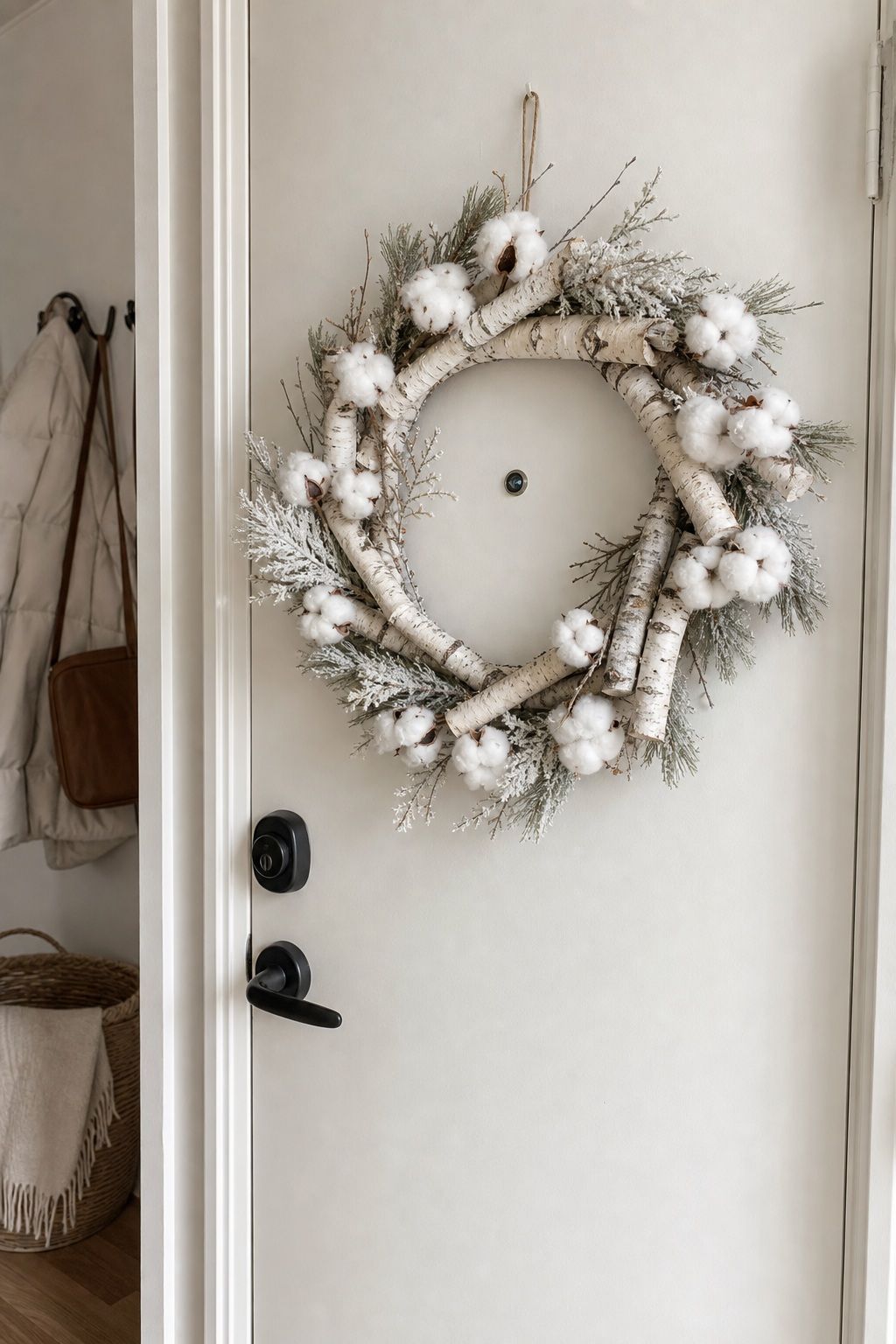 Hang an All-White Birch and Cotton Wreath small apartment idea for Top 18 Winter Farmhouse Decor Ideas for Small Apartments.