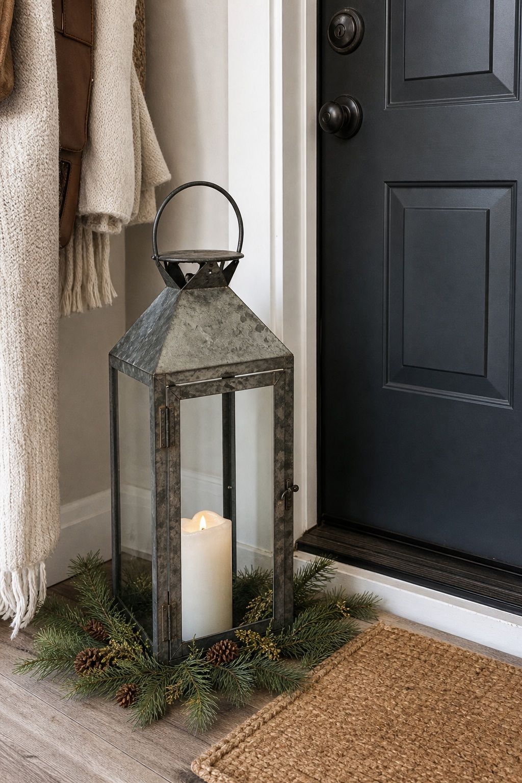 Place a Galvanized Metal Lantern Beside the Door small apartment idea for Top 18 Winter Farmhouse Decor Ideas for Small Apartments.