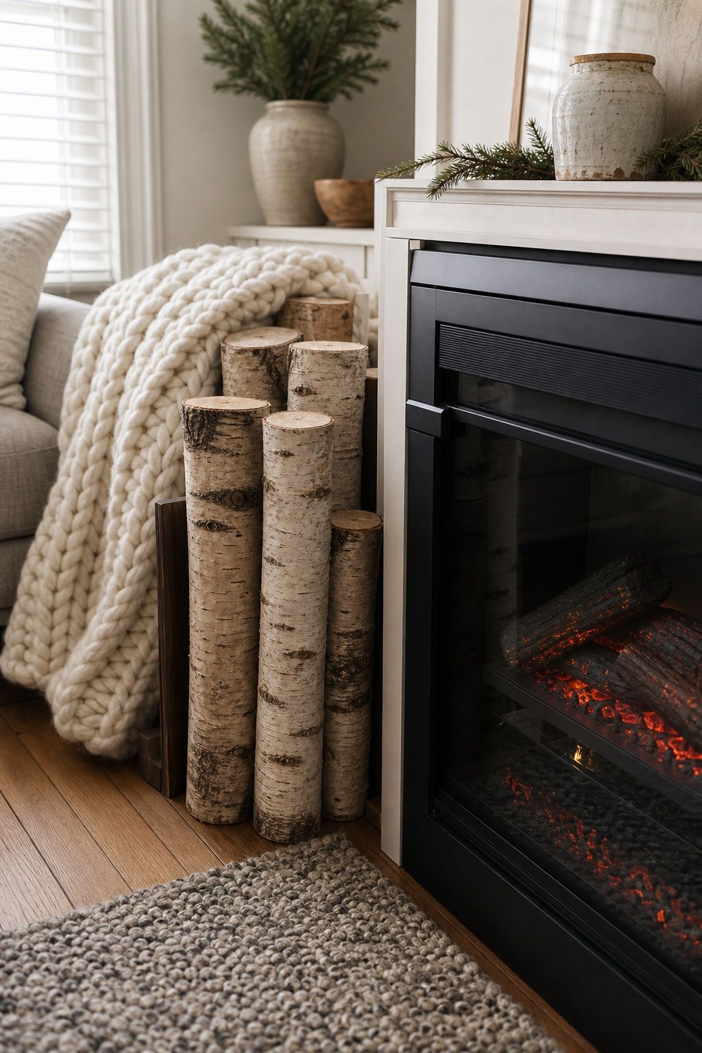Stack Birch Logs Beside the Fireplace small apartment idea for Top 18 Winter Farmhouse Decor Ideas for Small Apartments.