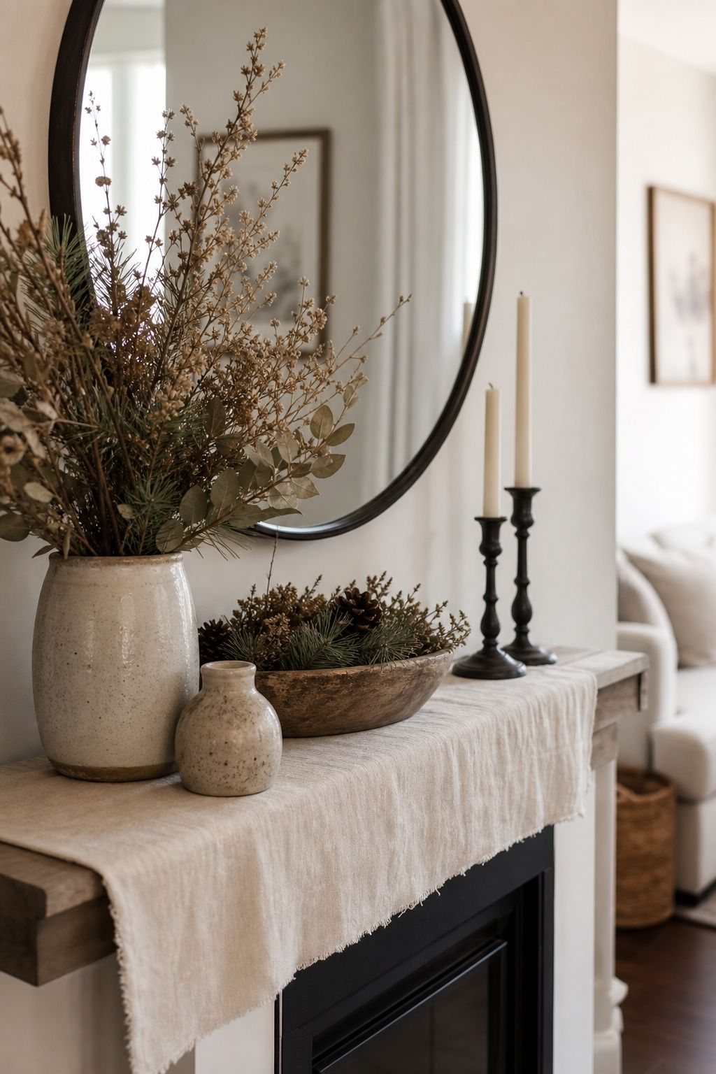 Layer a Linen Runner With Dried Foliage on the Mantel small apartment idea for Top 18 Winter Farmhouse Decor Ideas for Small Apartments.