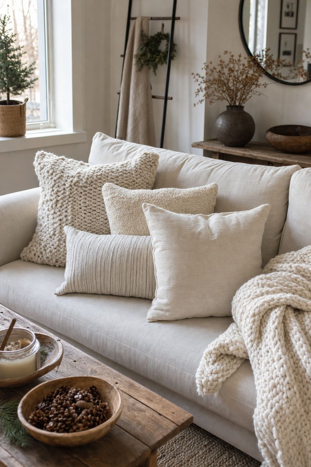 Cluster Cream and White Pillows on the Couch small apartment idea for Top 18 Winter Farmhouse Decor Ideas for Small Apartments.