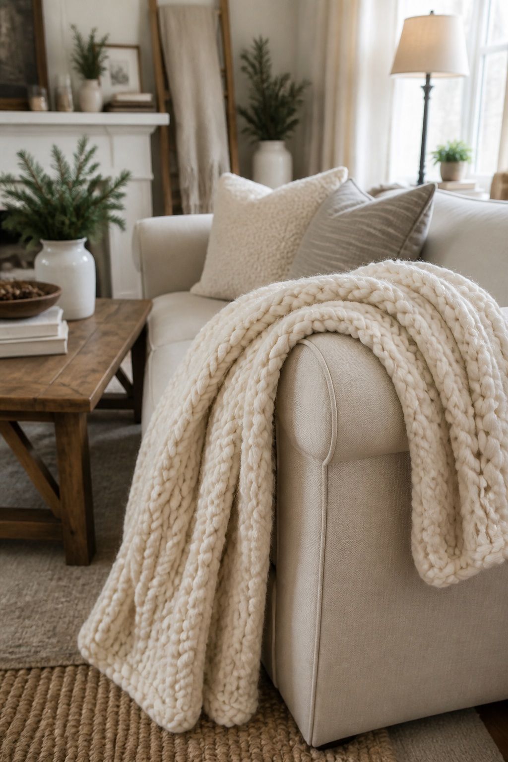 Drape a Chunky Knit Throw Over the Couch Arm small apartment idea for Top 18 Winter Farmhouse Decor Ideas for Small Apartments.