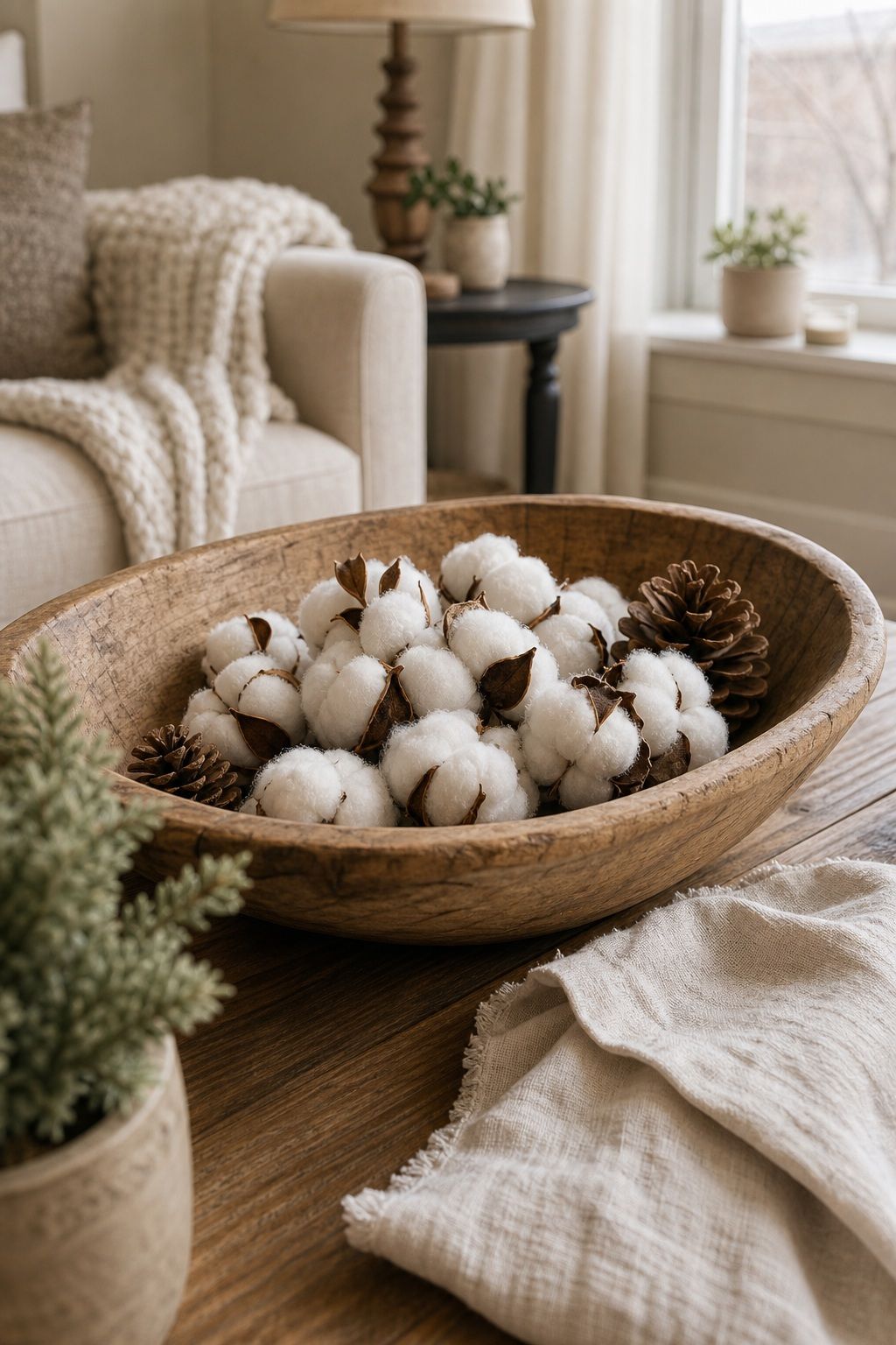 Style a Wooden Bowl With Cotton Bolls small apartment idea for Top 18 Winter Farmhouse Decor Ideas for Small Apartments.