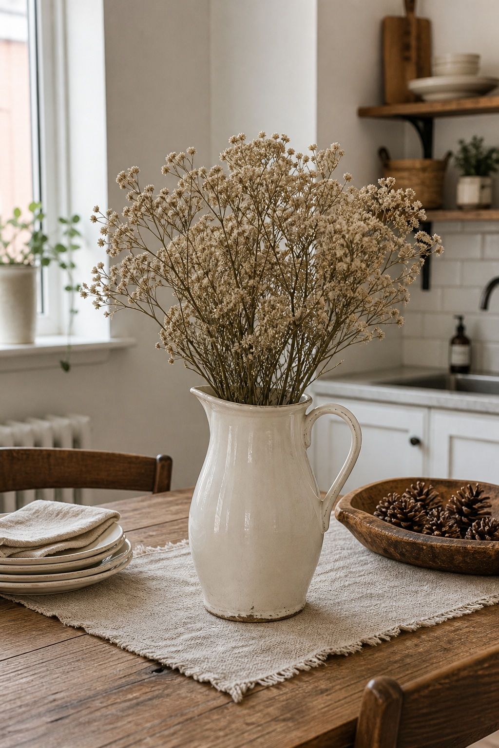 Use a Vintage Milk Pitcher as a Vase small apartment idea for Top 18 Winter Farmhouse Decor Ideas for Small Apartments.