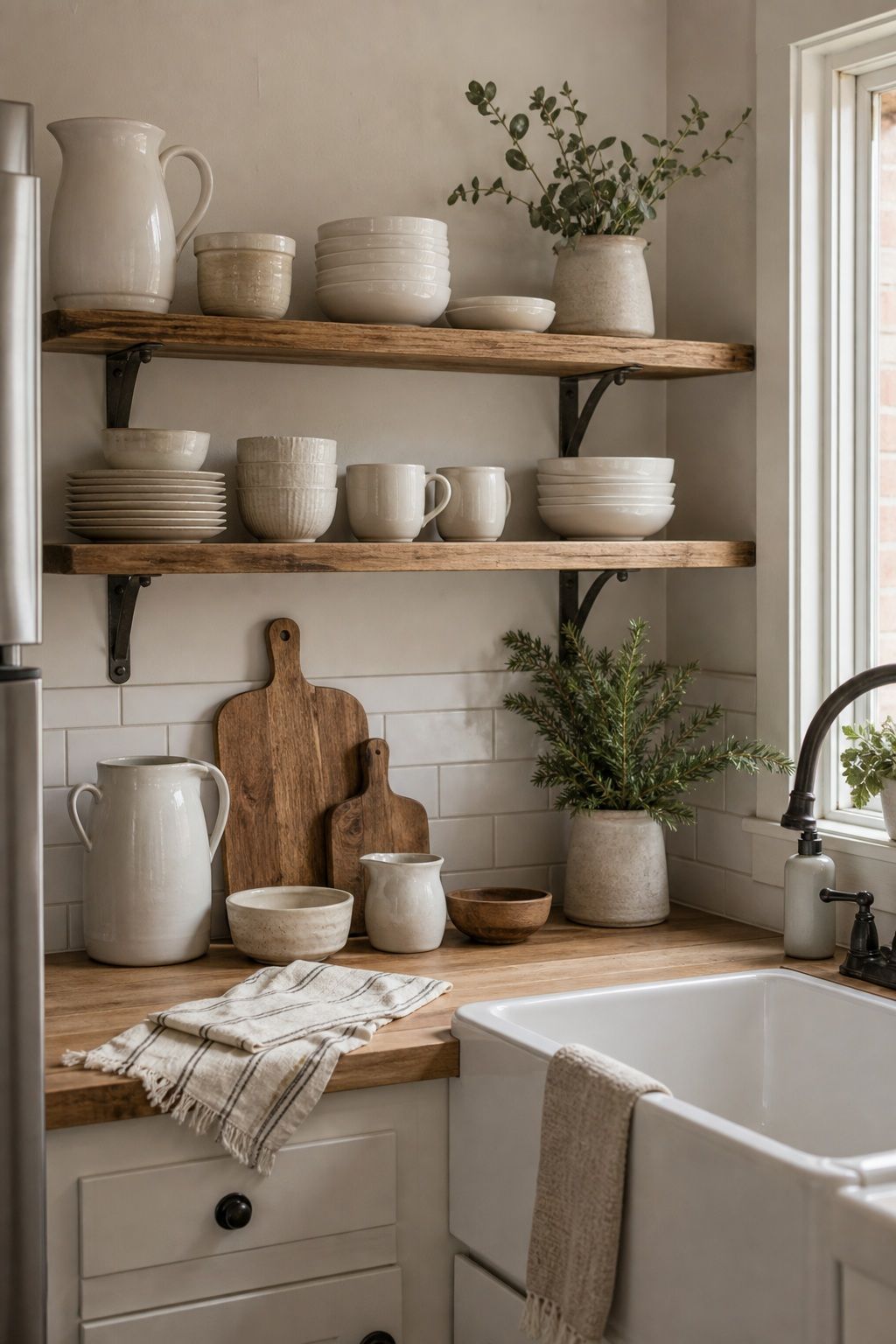 Style Open Shelves With Cream and White Dishware small apartment idea for Top 18 Winter Farmhouse Decor Ideas for Small Apartments.