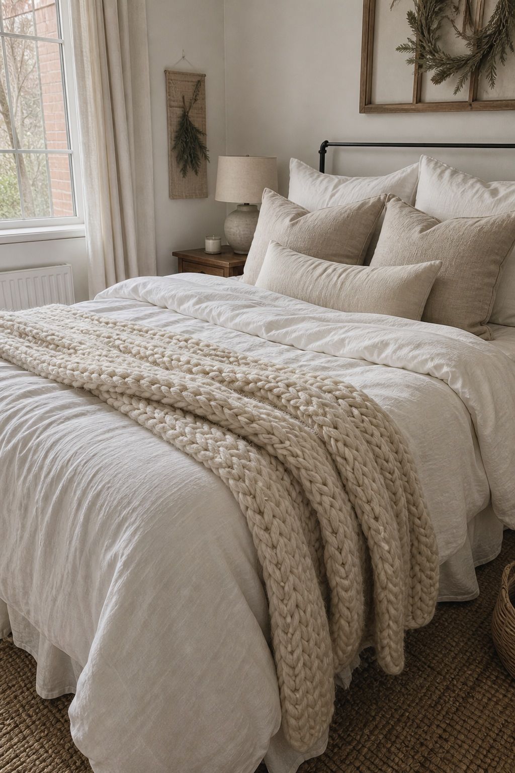 Layer a White Linen Duvet With Chunky Knit Throw small apartment idea for Top 18 Winter Farmhouse Decor Ideas for Small Apartments.