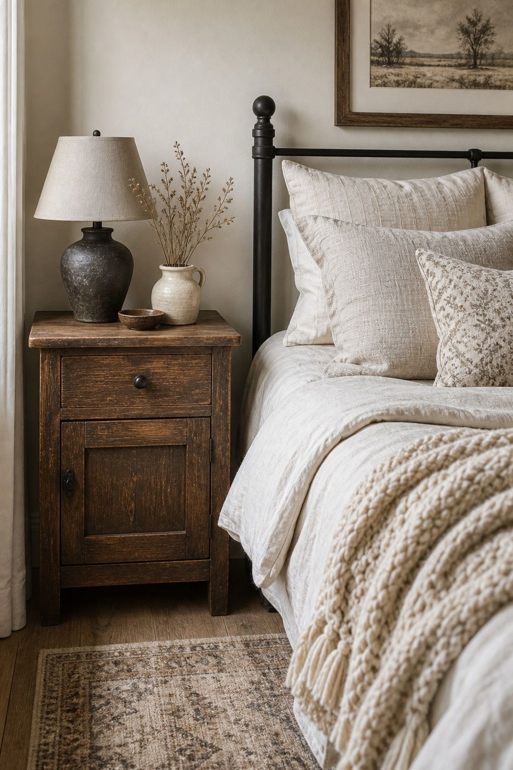 Add Vintage Wooden Bedside Tables small apartment idea for Top 18 Winter Farmhouse Decor Ideas for Small Apartments.