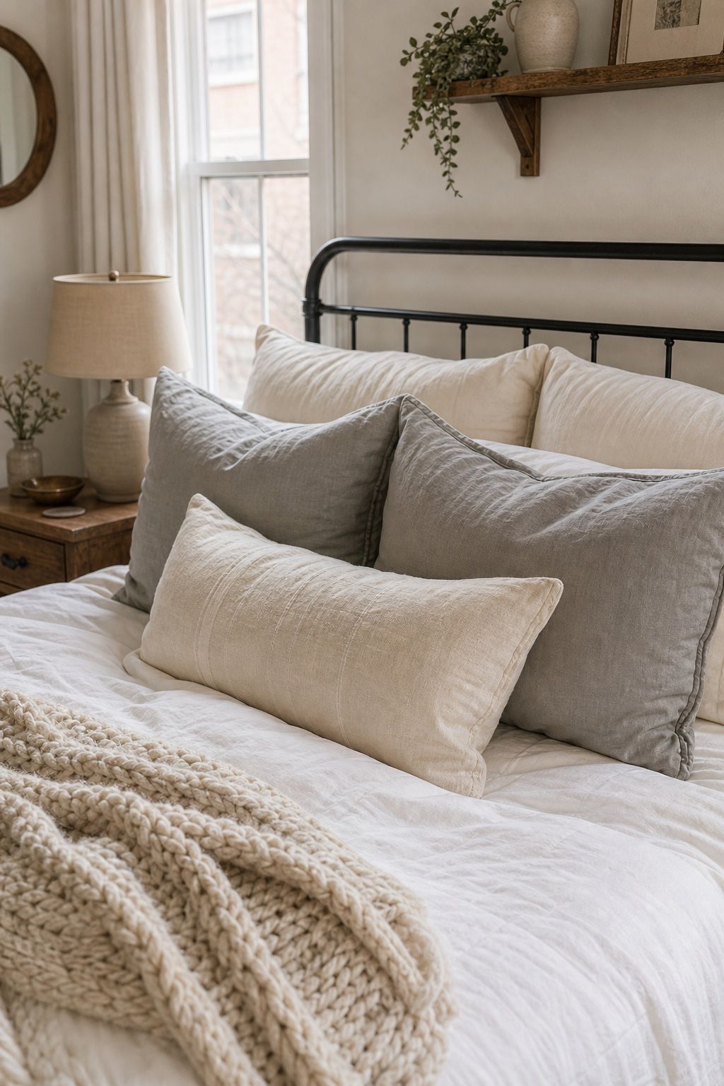Layer Pillowcases in Cream and Soft Grey small apartment idea for Top 18 Winter Farmhouse Decor Ideas for Small Apartments.