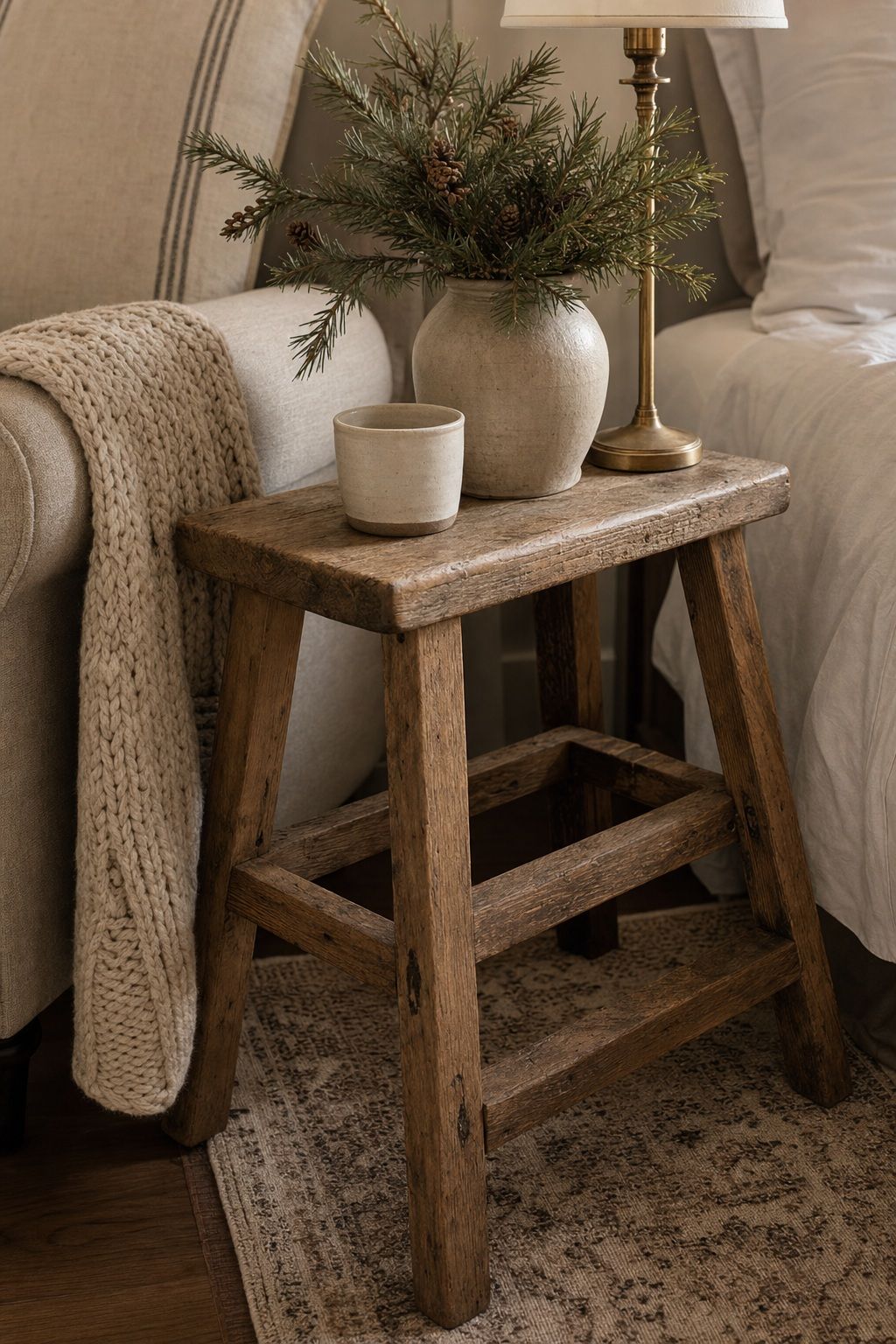 Style a Wooden Step Stool as Side Table small apartment idea for Top 18 Winter Farmhouse Decor Ideas for Small Apartments.