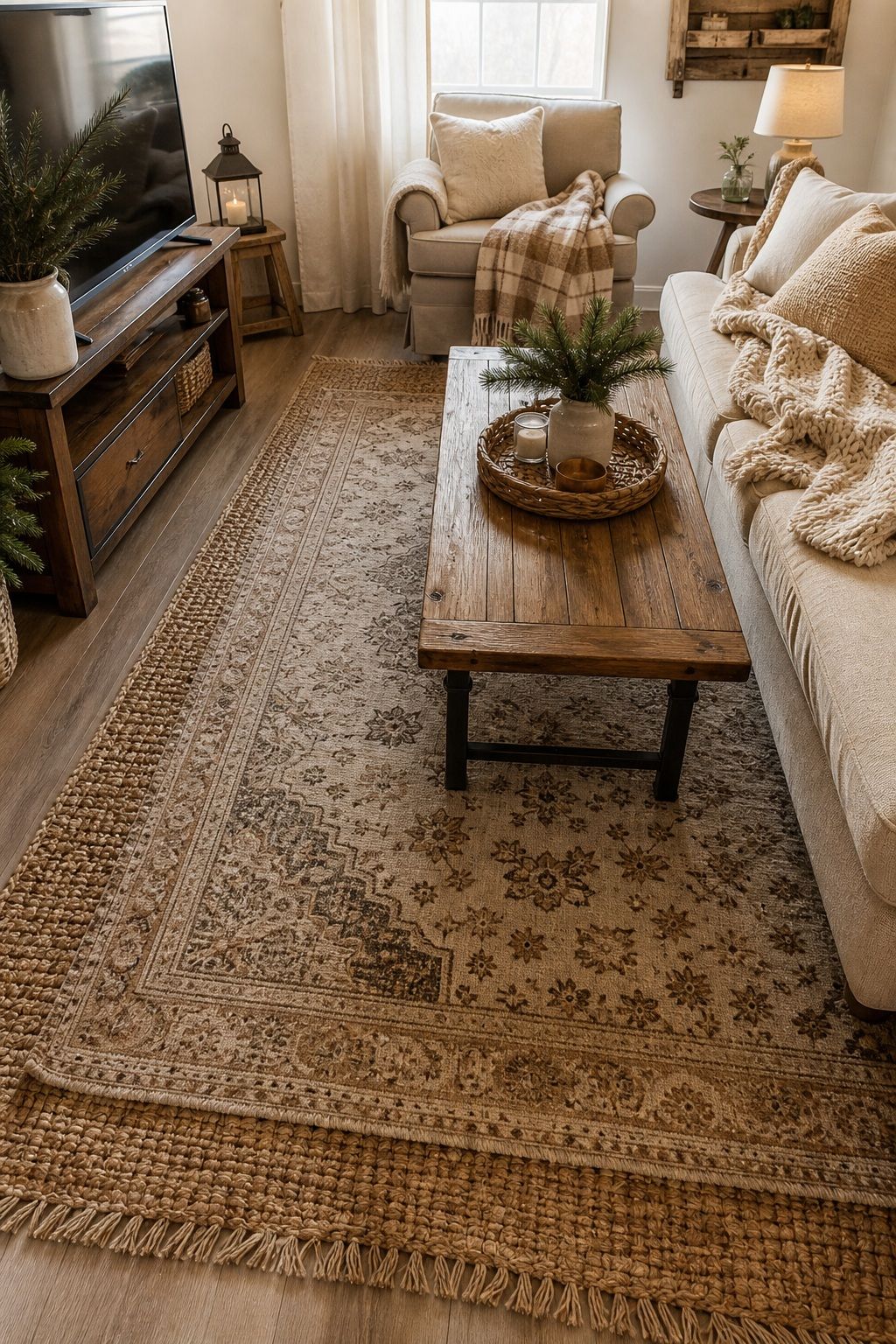 Layer a Patterned Rug in Warm Neutrals small apartment idea for Top 18 Winter Farmhouse Decor Ideas for Small Apartments.